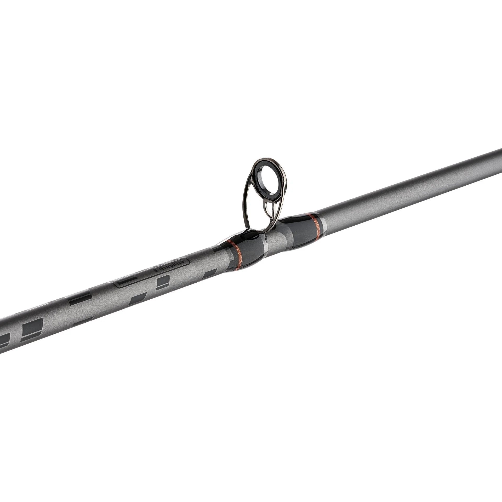 Fishing rod with black handle and silver rod on a white background