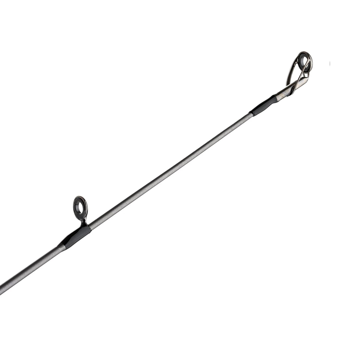 Fishing rod with black handle and silver rod on a white background