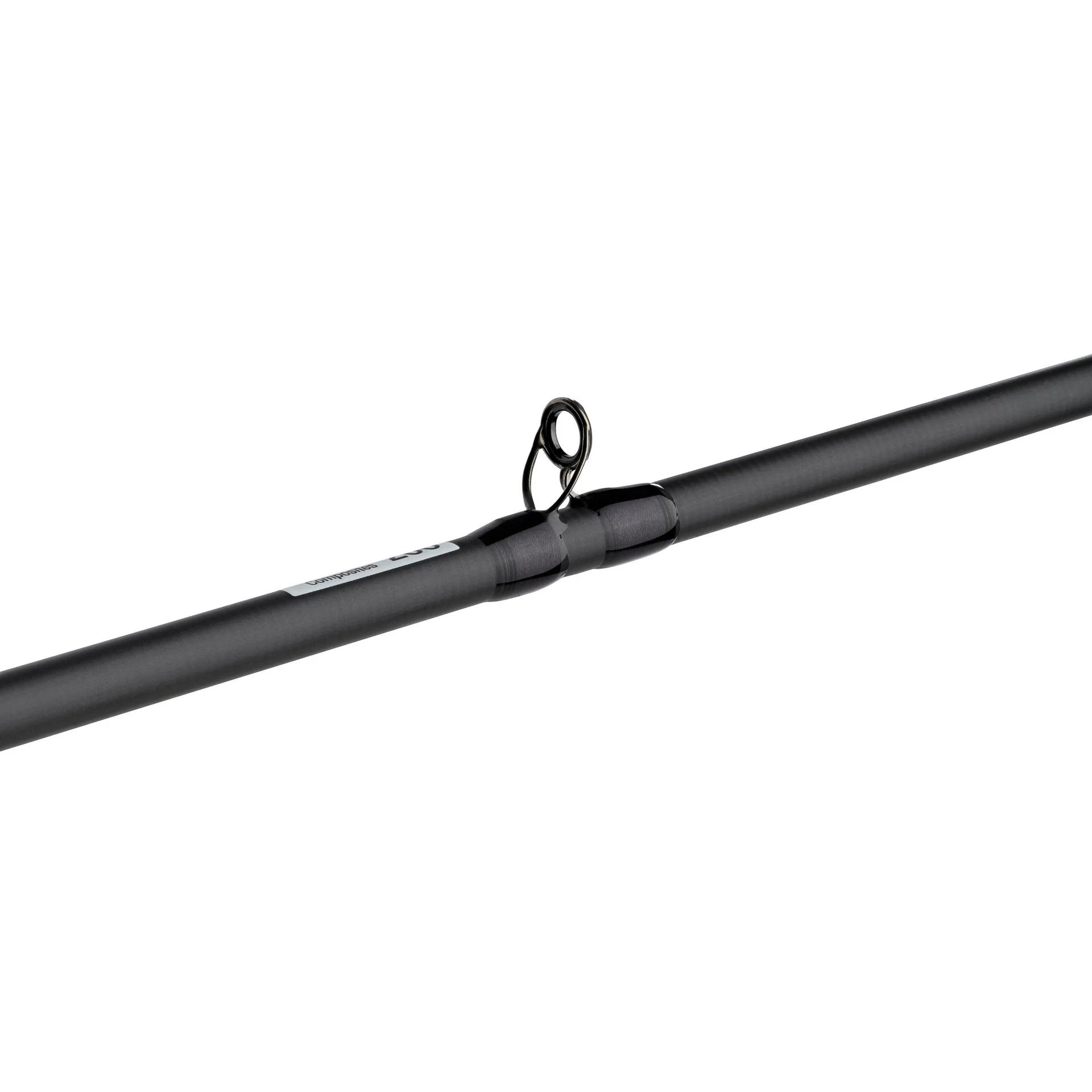 Fishing rod with black handle and white brand name on a white background