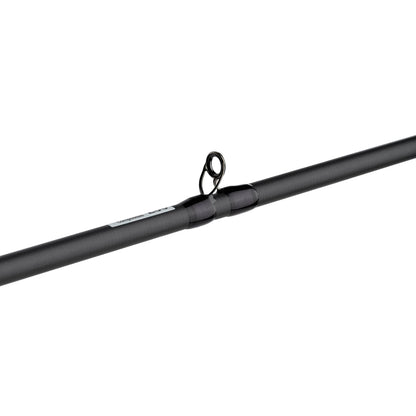 Fishing rod with black handle and white brand name on a white background