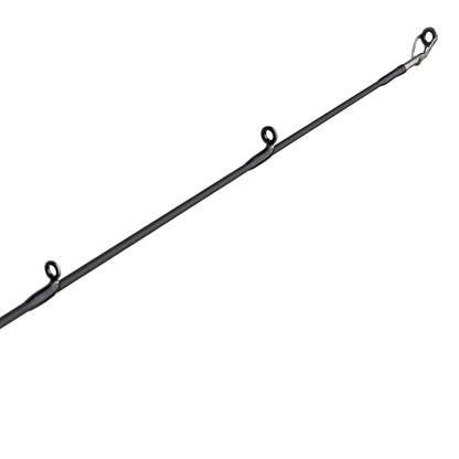 Fishing rod with black handle and white brand name on a white background