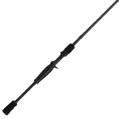 Fishing rod with black handle and white brand name on a white background