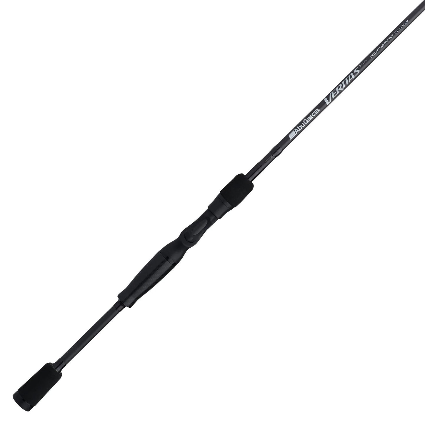 Fishing rod with black handle and white brand name on a white background