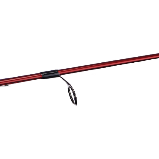 Red fishing rod with a black handle on a white background