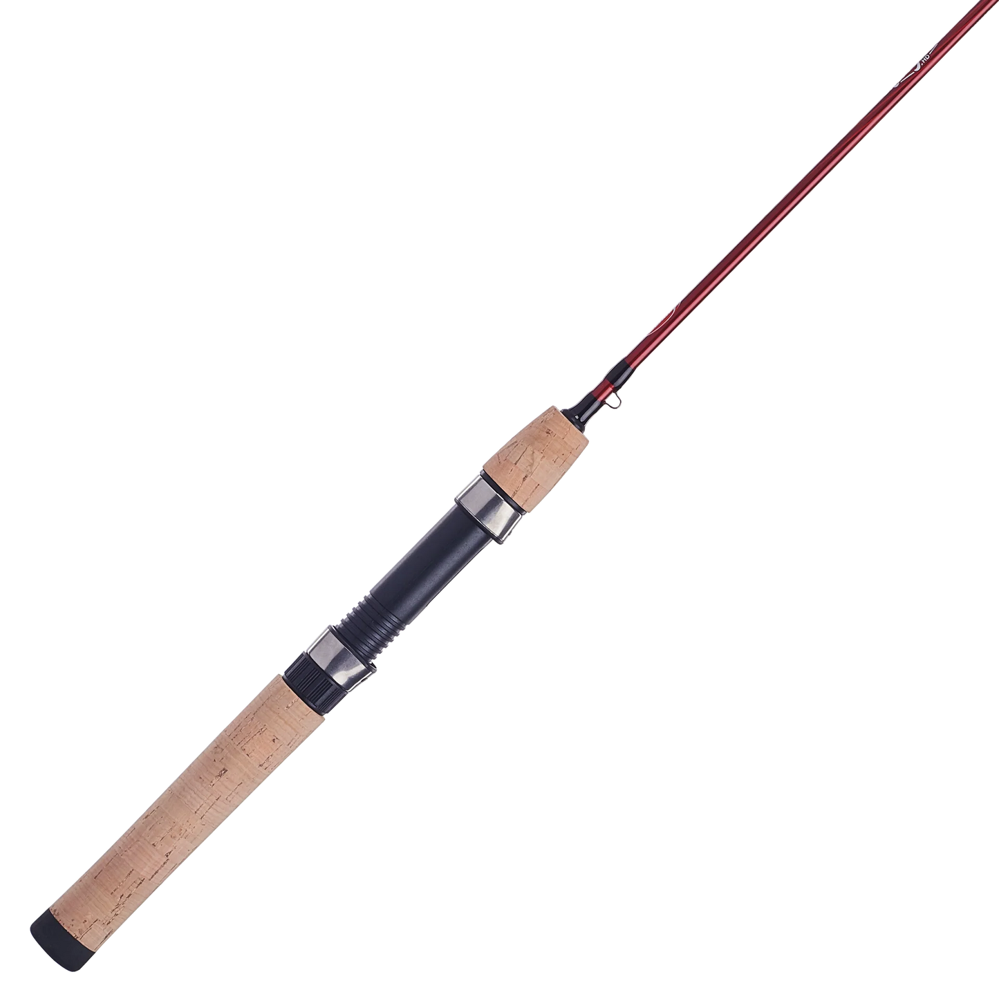 Fishing rod with cork handle and red tip on a white background