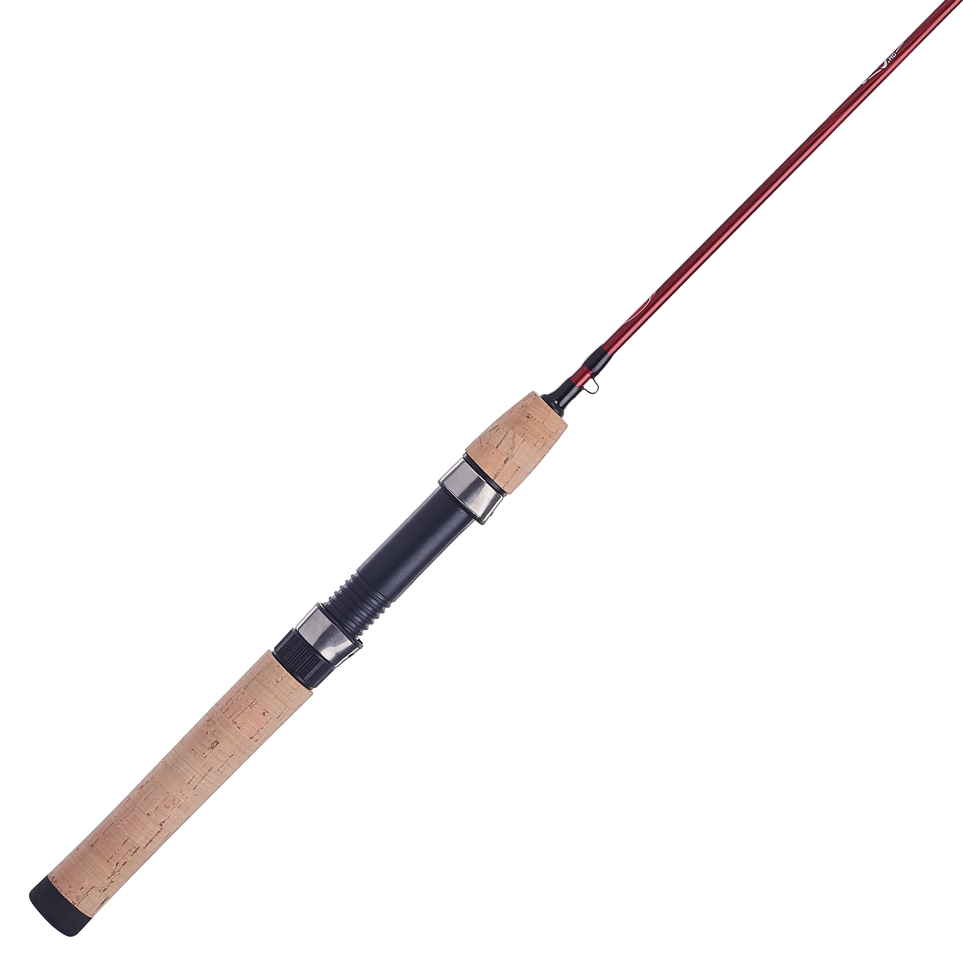Fishing rod with cork handle and red tip on a white background
