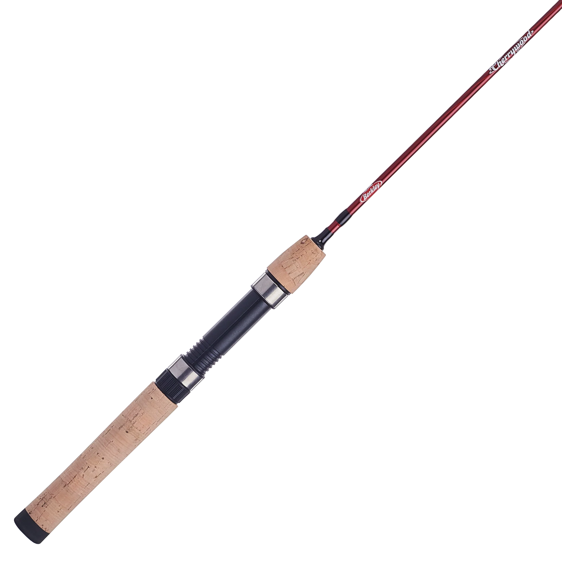 Fishing rod with cork handle and red tip on a white background