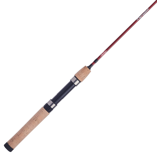 Fishing rod with cork handle and red tip on a white background