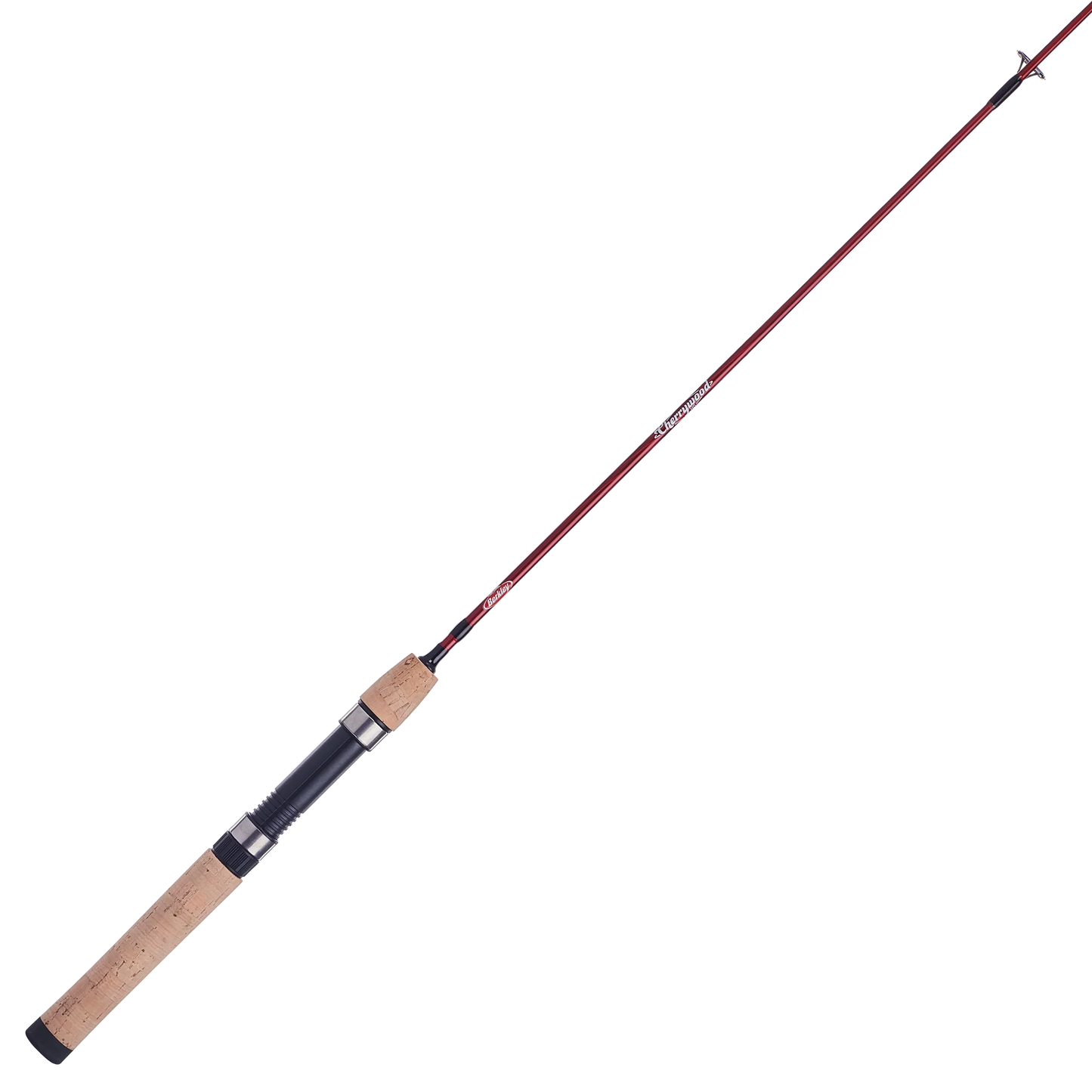 Fishing rod with cork handle and red tip on a white background