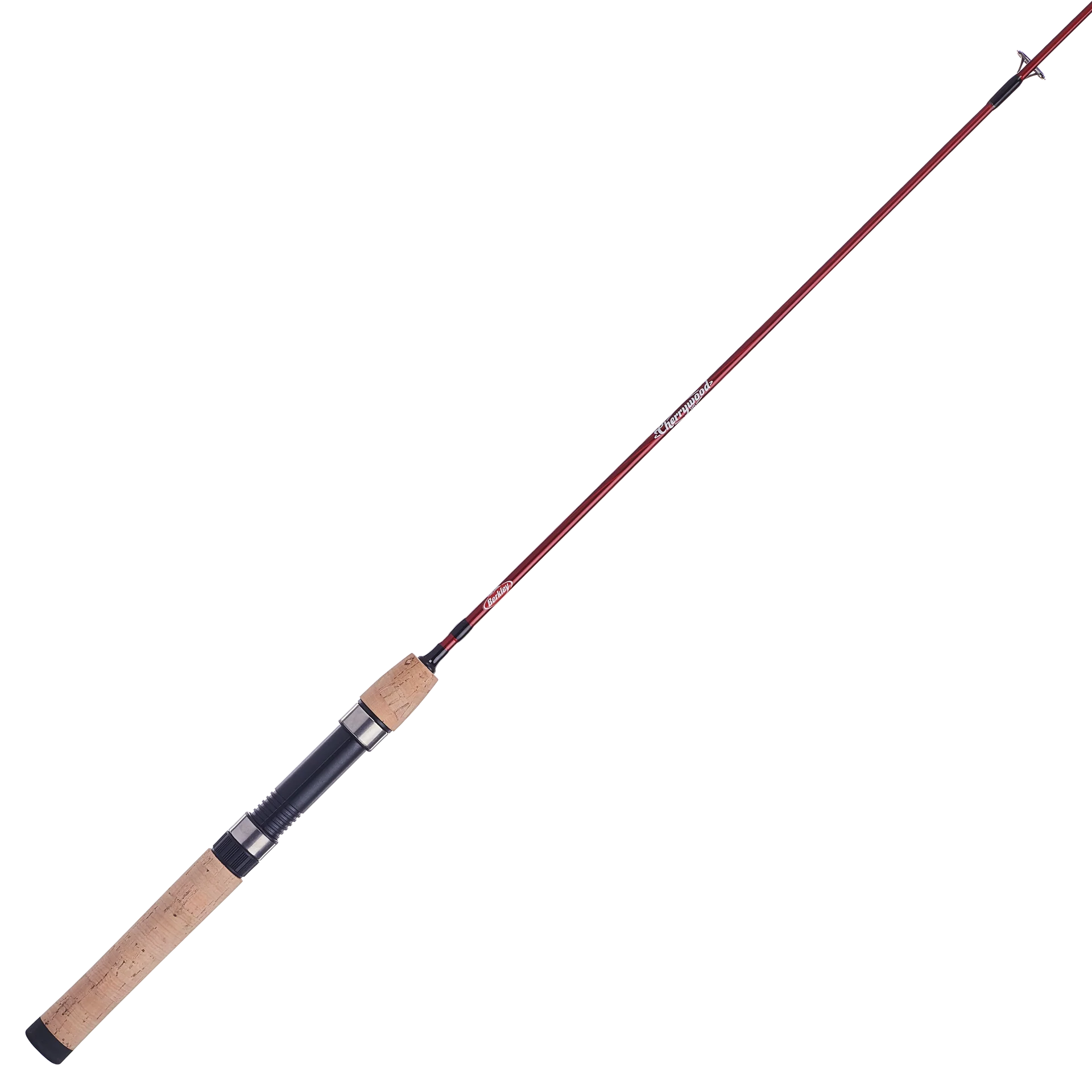 Fishing rod with cork handle and red tip on a white background