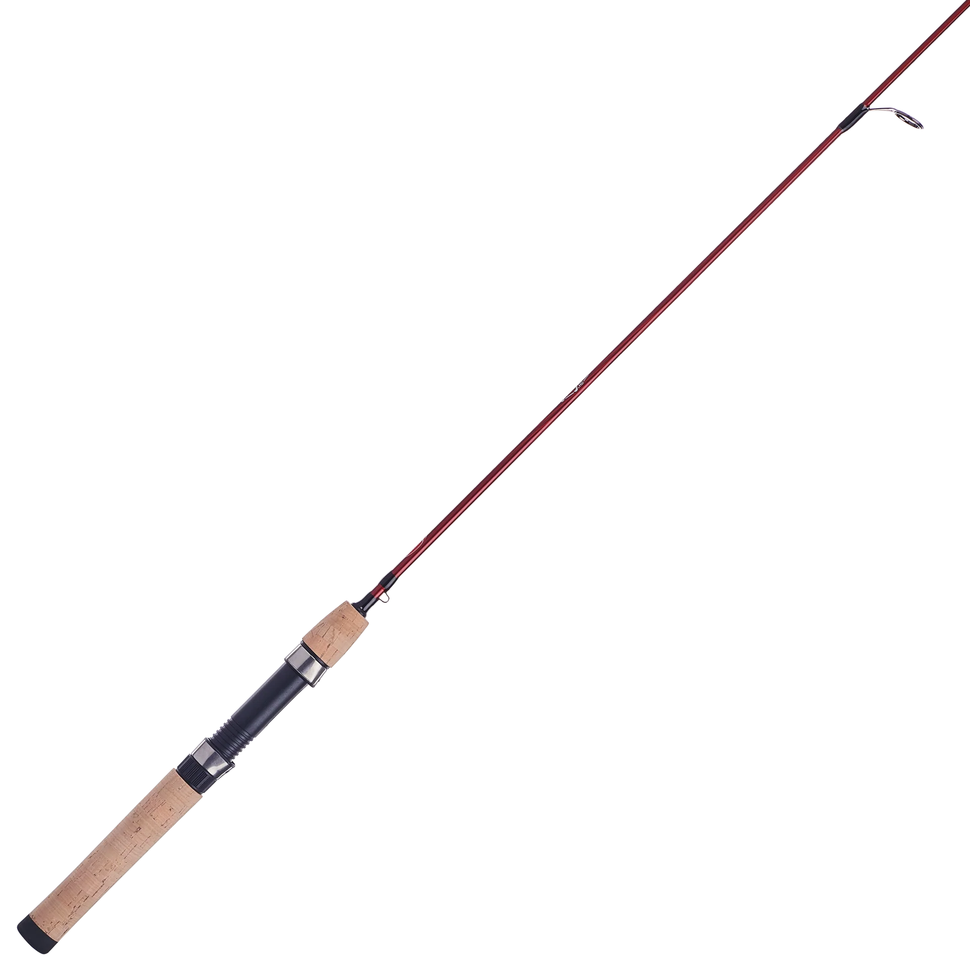Fishing rod with cork handle and red tip on a white background