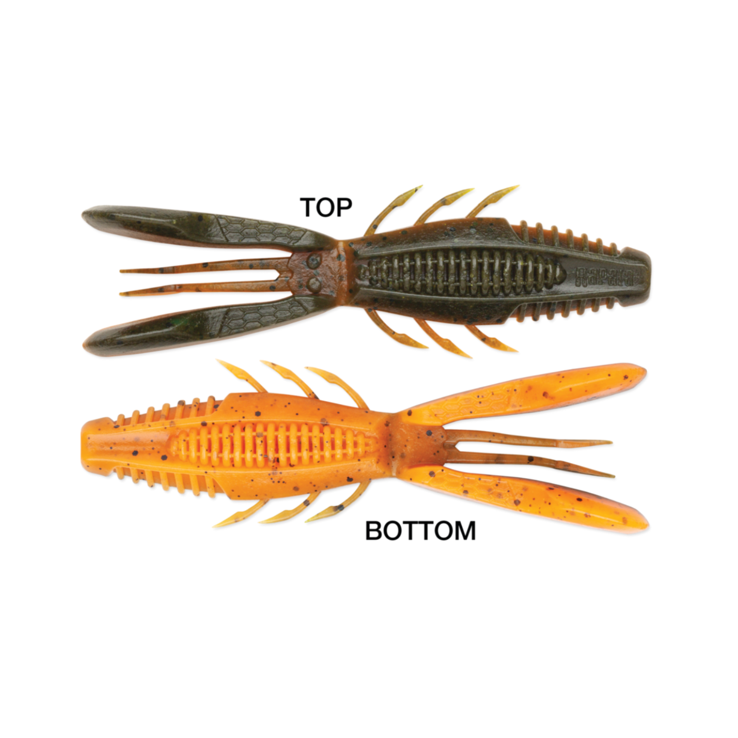 Two fishing lures, one brown and one orange, on a white background.