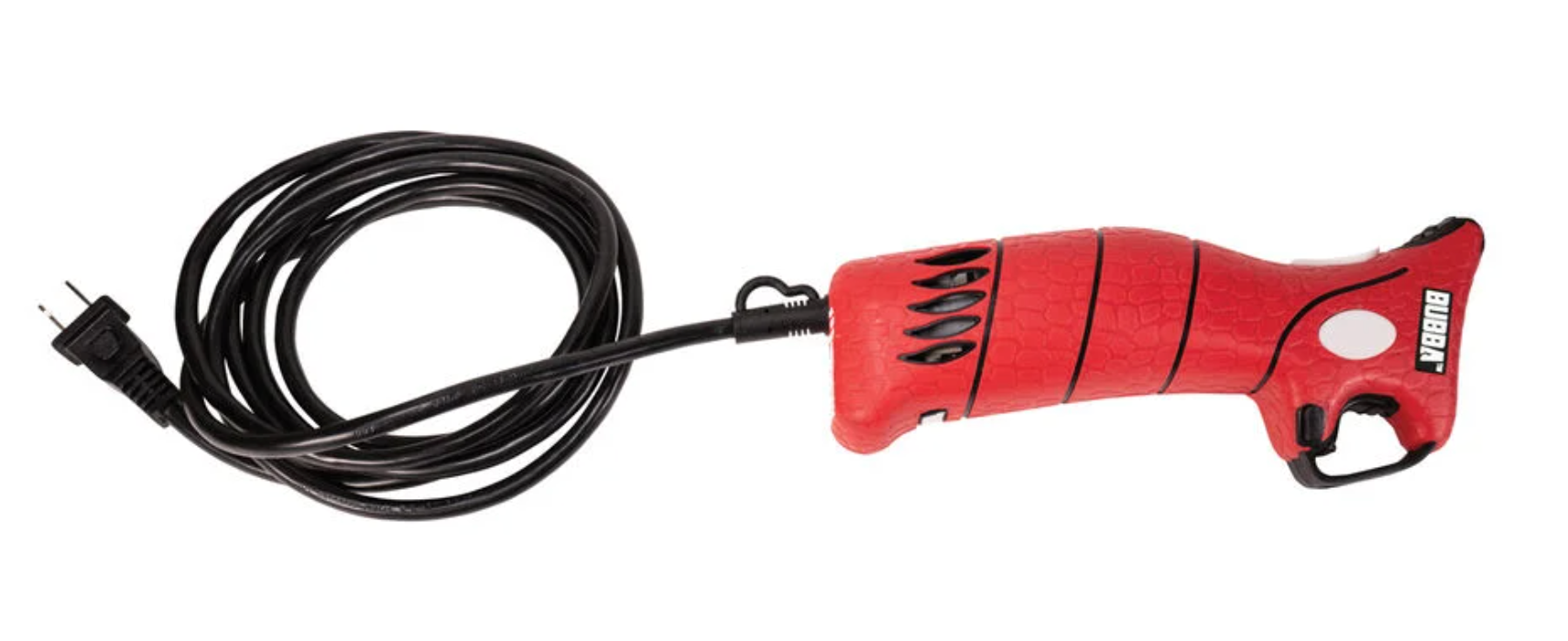 Red handheld tool with black cord on a white background