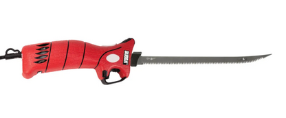 Red electric saw on a white background