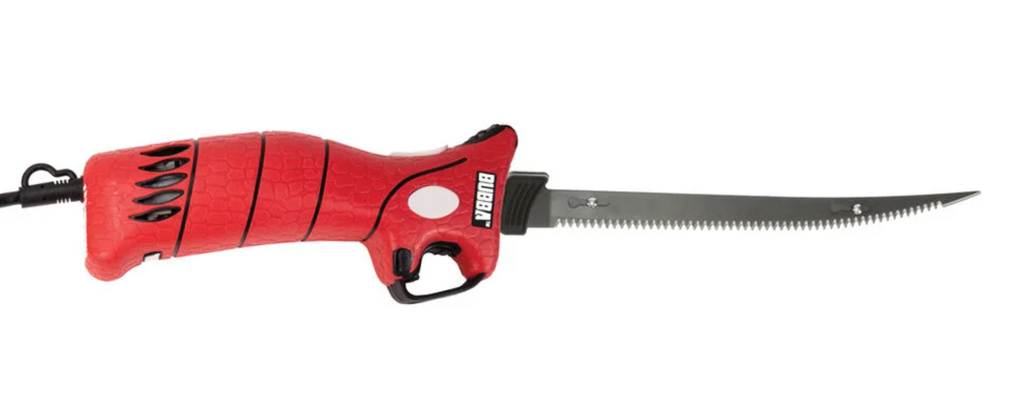 Red electric fishing saw on a white background