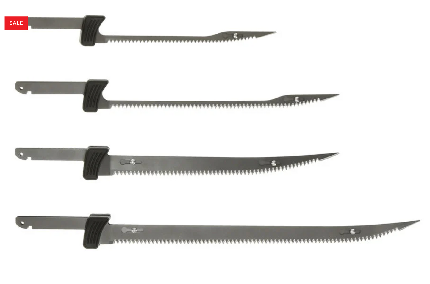 Set of four metal saws with black handles on a white background