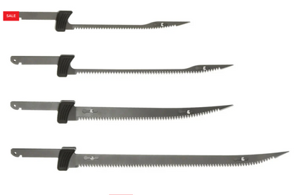 Set of four metal saws with black handles on a white background