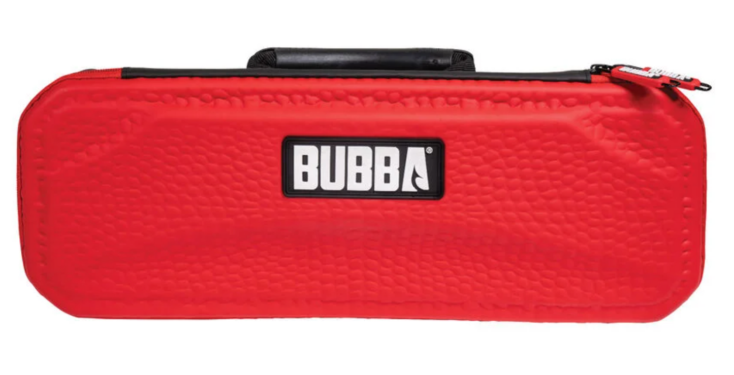 Red Bubba brand case with a black handle and zipper on a white background
