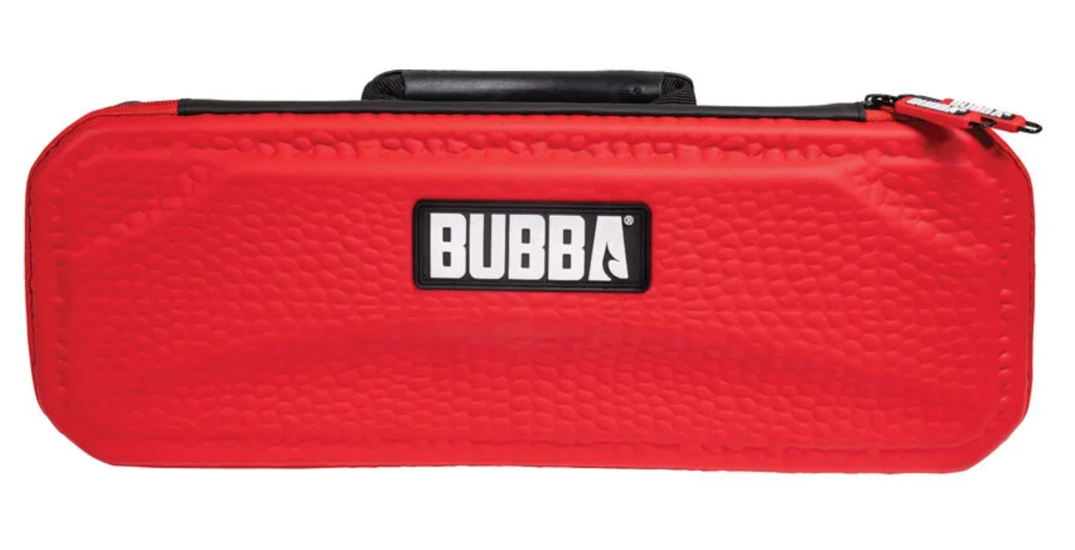 Red Bubba brand case with a black handle and zipper on a white background