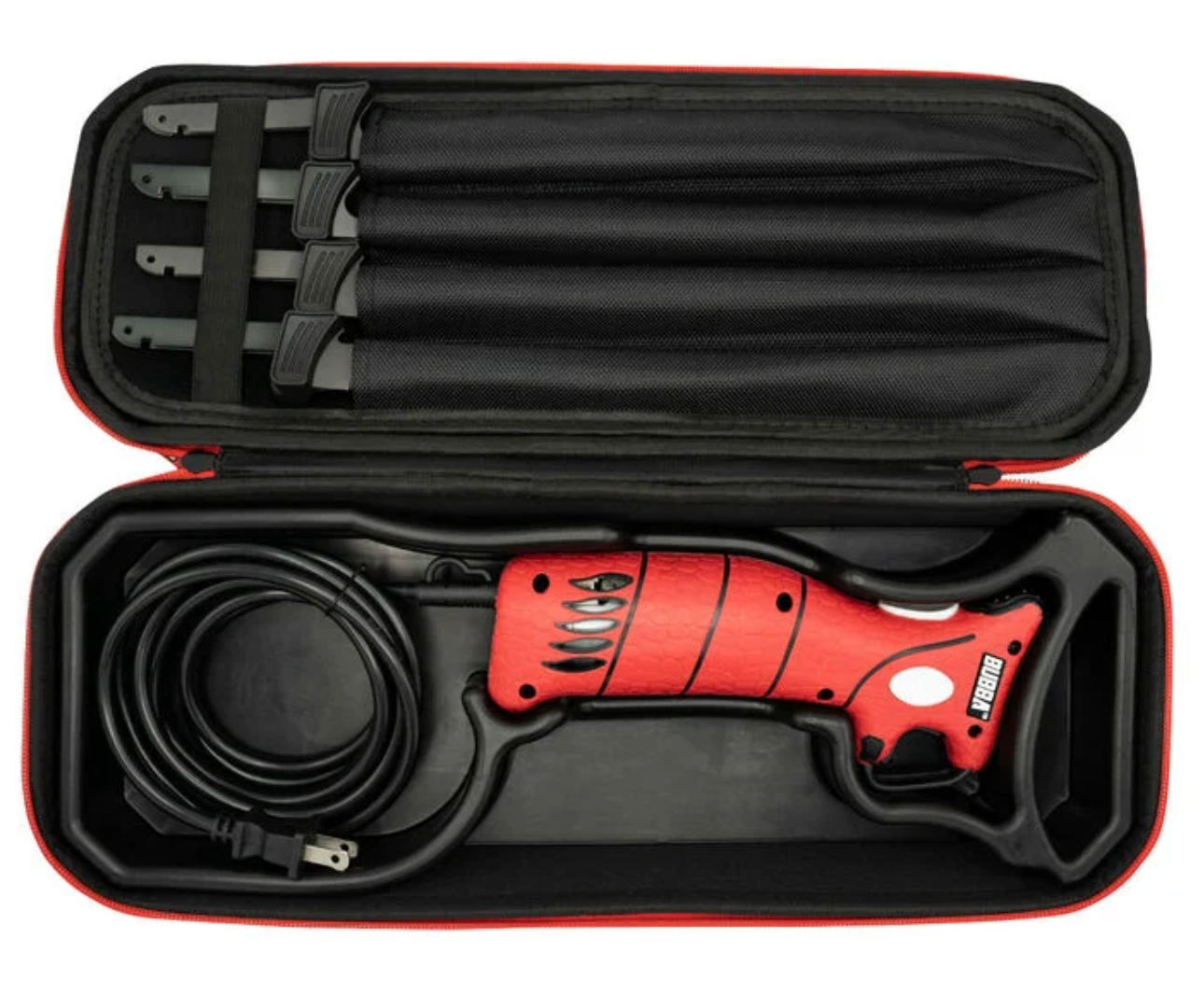 Red power tool with attachments in a black carrying case on a white background