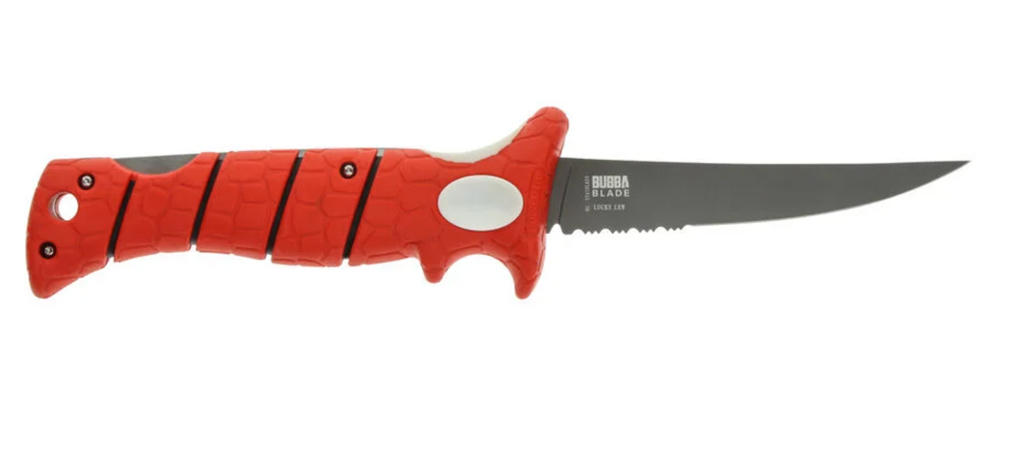 Red knife with a black blade on a white background