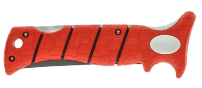 Red textured folding knife on a white background