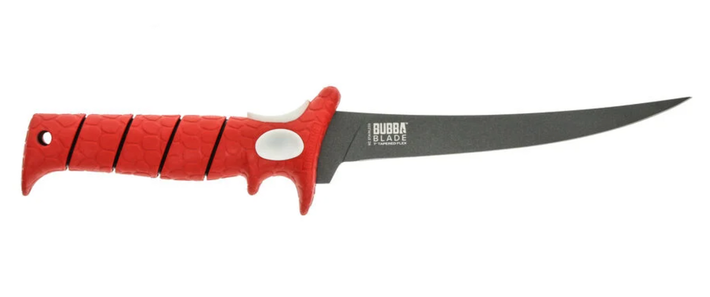 Red-handled knife with a black blade on a white background