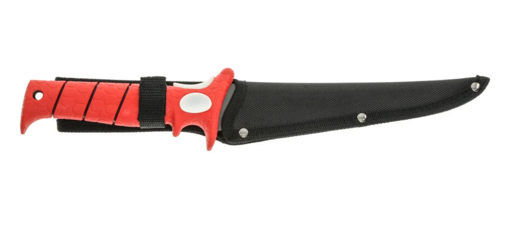 Fork knife with red handle and black sheath on a white background