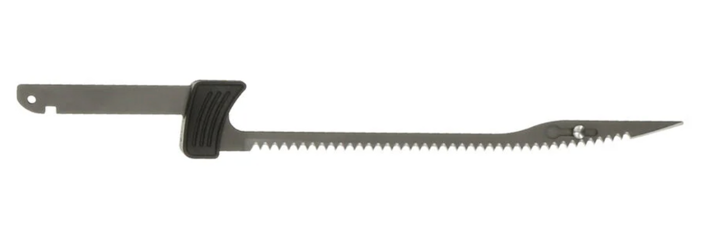 Serrated knife blade with black handle on a white background