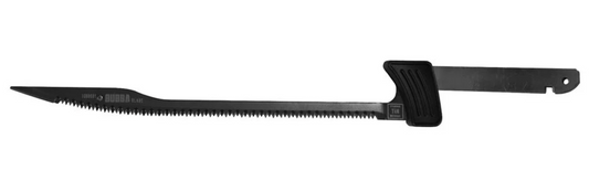 Black folding knife with a blade extended on a white background