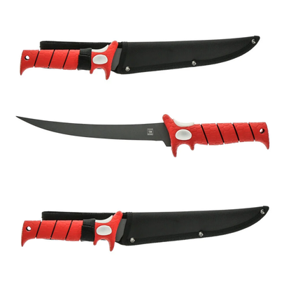 Three knives with red handles and black blades on a white background