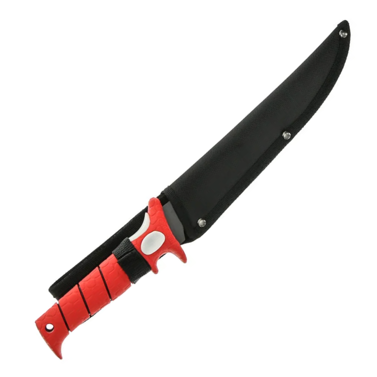 Knife with a black blade and red sheath on a white background
