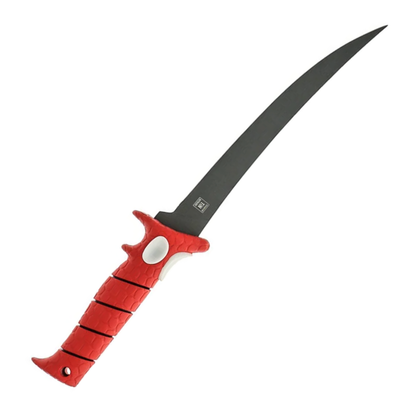 Fishing knife with red handle and black blade on a white background