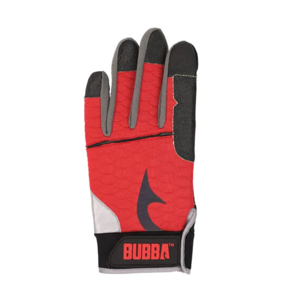 Red and gray glove with black accents on a white background, featuring the Bubba logo.