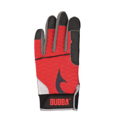 Red and gray glove with black accents on a white background, featuring the Bubba logo.