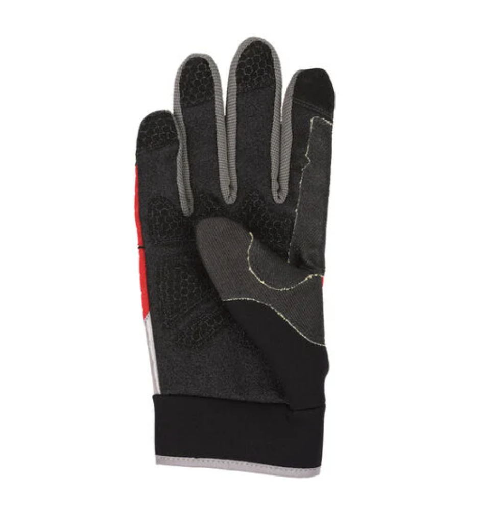 Black and gray glove with red accents on a white background