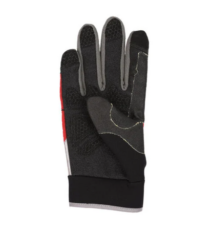 Black and gray glove with red accents on a white background
