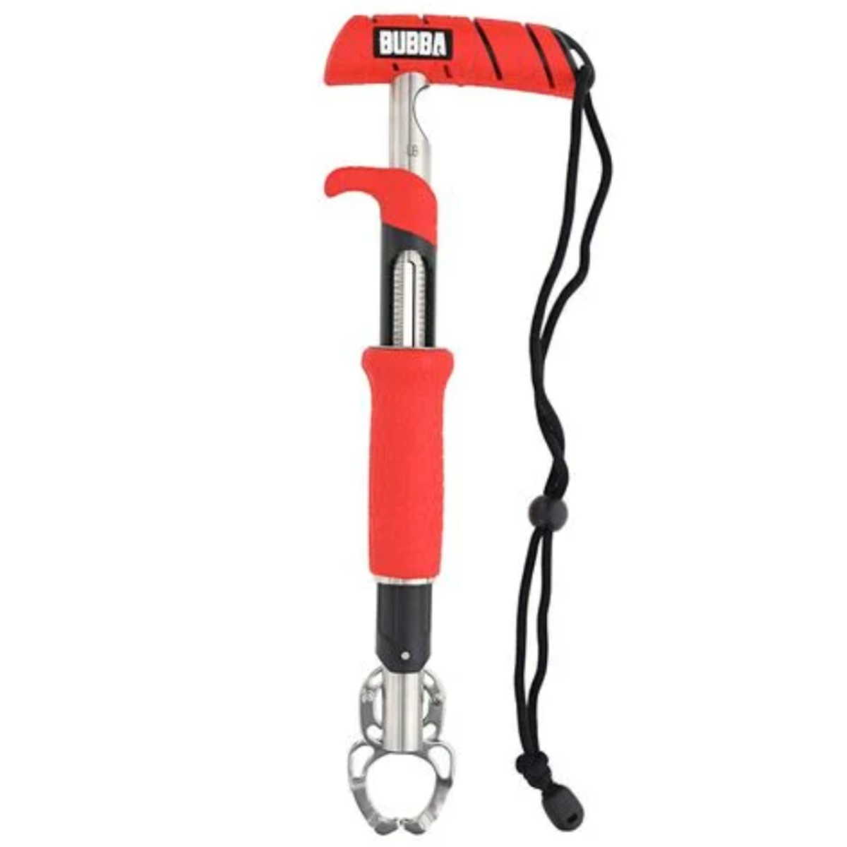 Red and black fishing tool with a metal hook on a white background