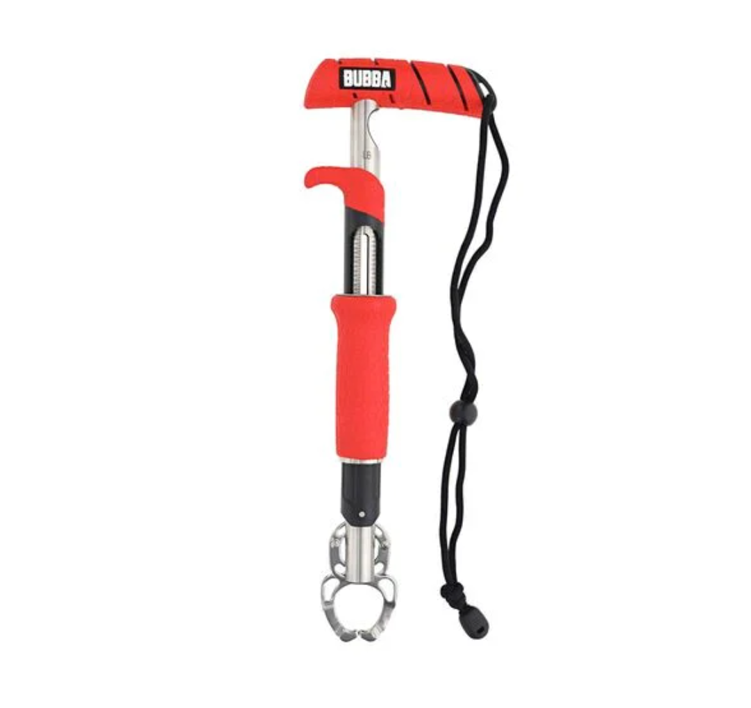 Red and black fishing rod holder with 'Bubba' branding on a white background