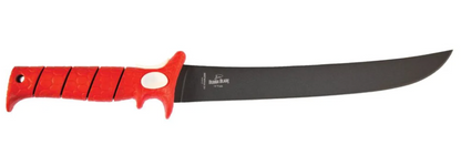 Fishing knife with red handle and black blade on a white background