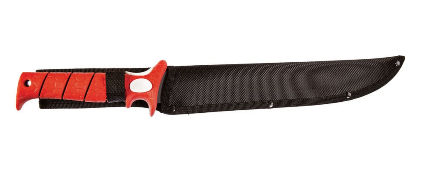 Knife with a black blade and red handle on a white background