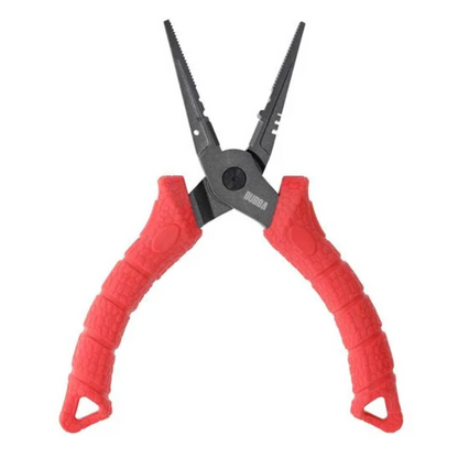 Pair of pliers with red handles on a white background