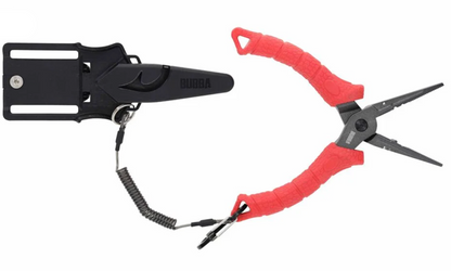 Red pliers with black handle and coiled cable on a white background
