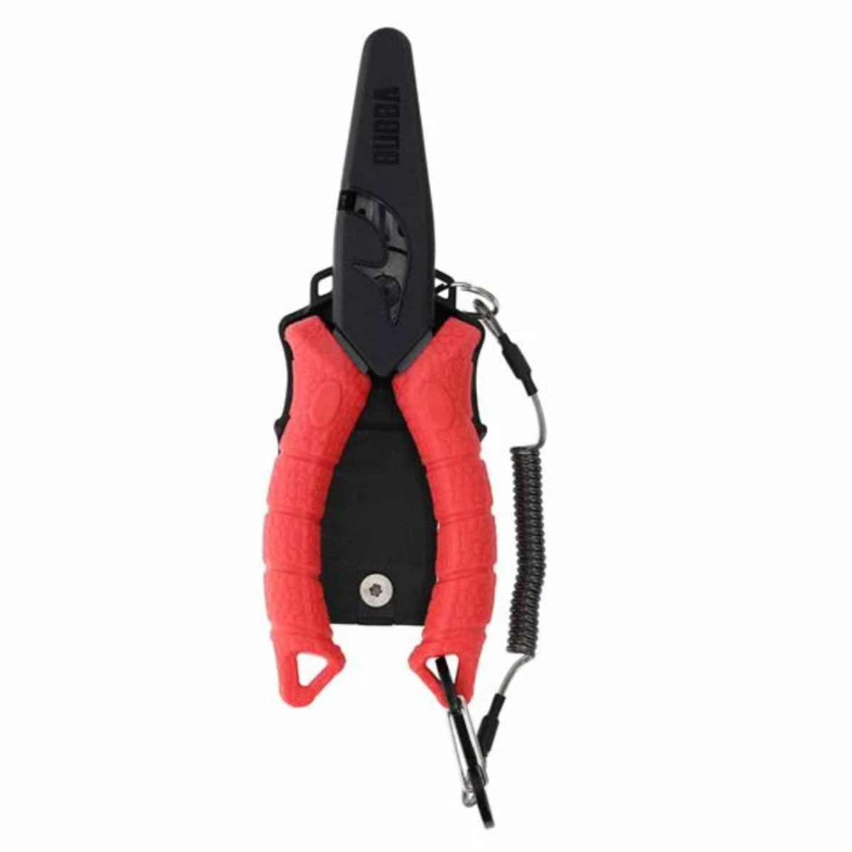 Red and black pliers with coiled spring on a white background