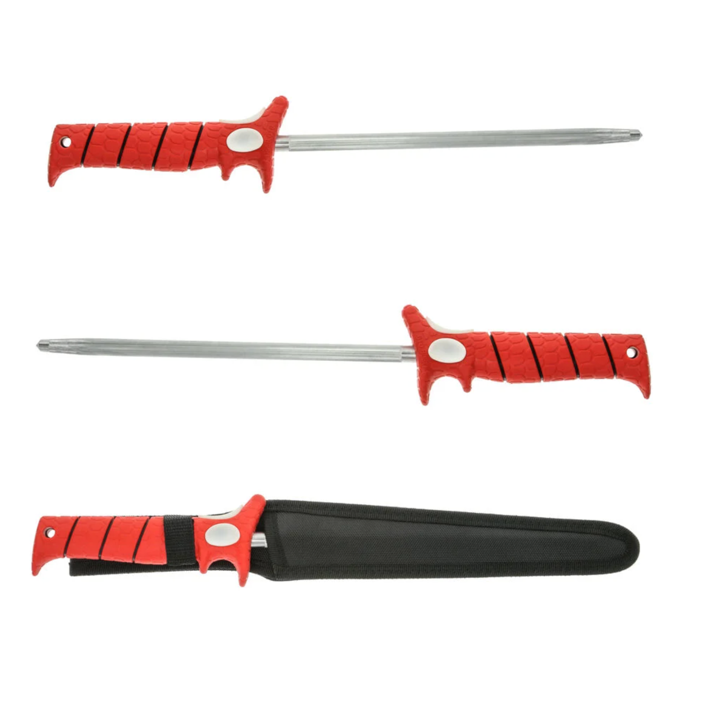 Three knives with red handles and black sheaths on a white background