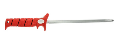 Red-handled knife with a silver blade on a white background