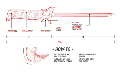 Diagram of a knife with labeled parts and dimensions on a white background