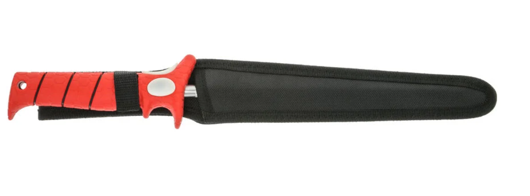 Knife with a red handle and black sheath on a white background