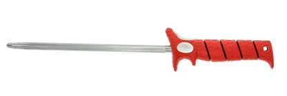 Red-handled knife with a silver blade on a white background