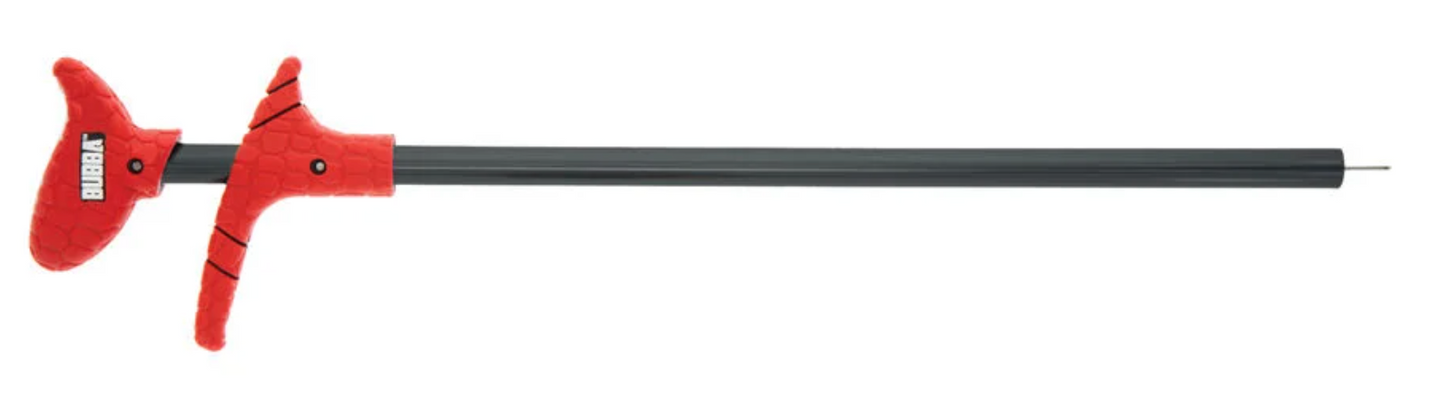 Red and black caliper tool on a white background